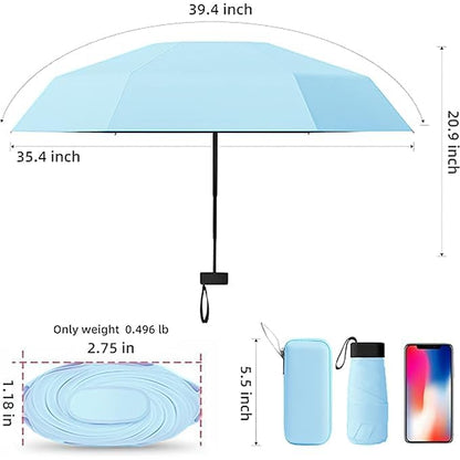 Mini Folding Compact Umbrella with Case, Manual Open 6 Ribs Lightweight Portable, Small Sun & Rain Pocket Umbrella for Girls and Women- Use in Rain & Summer