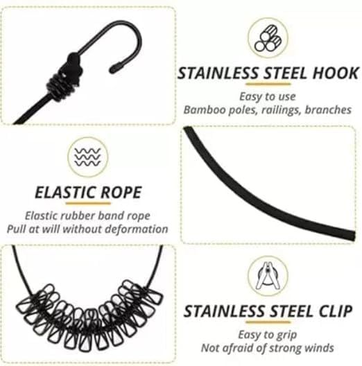 Cloth Drying Rope with Two Sided Hooks, Elastic 12 Clips