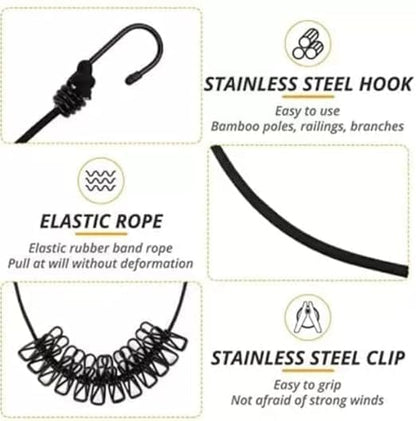 Cloth Drying Rope with Two Sided Hooks, Elastic 12 Clips