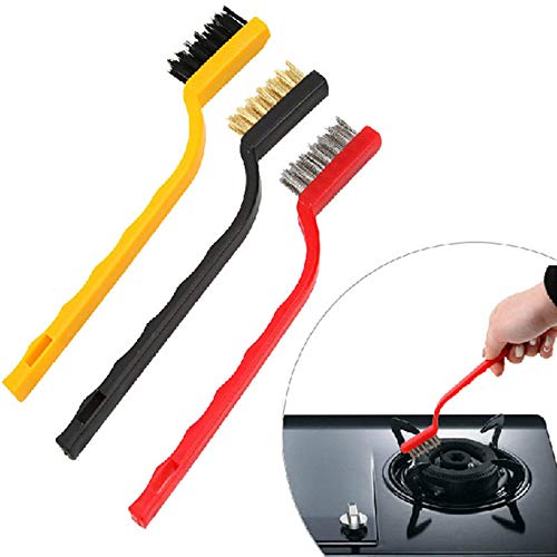 Gas Cleaning brush Set of 3 Multipurpose Cleaning Brush with Hard Bristles for Scrubbing Removing Rust from Gas Wall Frames Car Kitchen Stove Kitchen Tool (Stainless Steel Brush + Brass Brush + Nylon Brush)