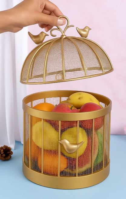 Gold Metal Bird Cage Fruit Basket, Mesh Storage Container with Bird Ornaments, 8.5x8.5x13 inch Set of 1