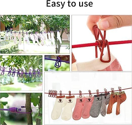 Cloth Drying Rope with Two Sided Hooks, Elastic 12 Clips