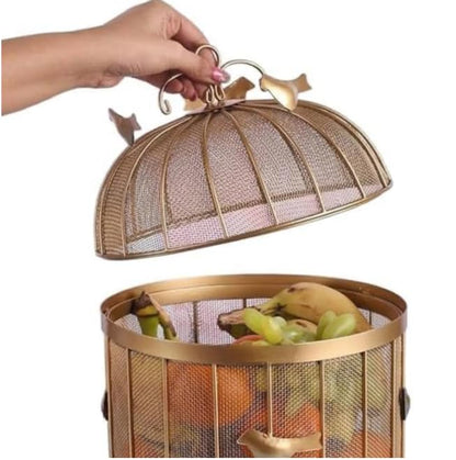 Gold Metal Bird Cage Fruit Basket, Mesh Storage Container with Bird Ornaments, 8.5x8.5x13 inch Set of 1
