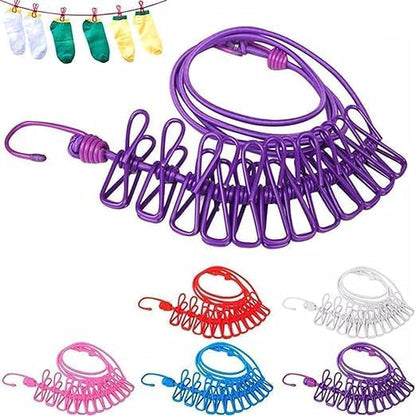 Cloth Drying Rope with Two Sided Hooks, Elastic 12 Clips