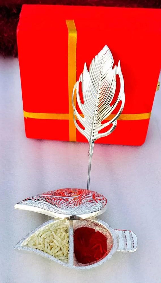 Silver-Plated Tilak Box | Kumkum Vaati with Morpankh Stick | (Size 4 INCH) (Pack of 2)