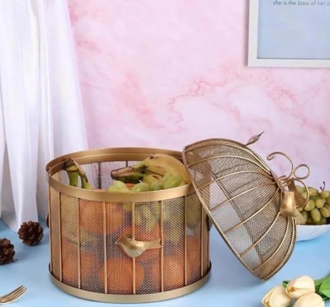 Gold Metal Bird Cage Fruit Basket, Mesh Storage Container with Bird Ornaments, 8.5x8.5x13 inch Set of 1