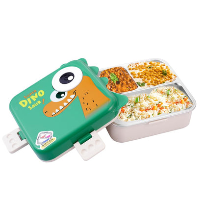 Dino Theme Stainless Steel Bento Lunch Box for School, 3-Compartment, Sauce Jar & a Spoon, Leak-Proof with Seal-Ring Design & Multiple Lock-Design Tiffin, Air-Tight BPA Free 1120ml+70ml