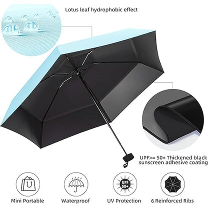 Mini Folding Compact Umbrella with Case, Manual Open 6 Ribs Lightweight Portable, Small Sun & Rain Pocket Umbrella for Girls and Women- Use in Rain & Summer