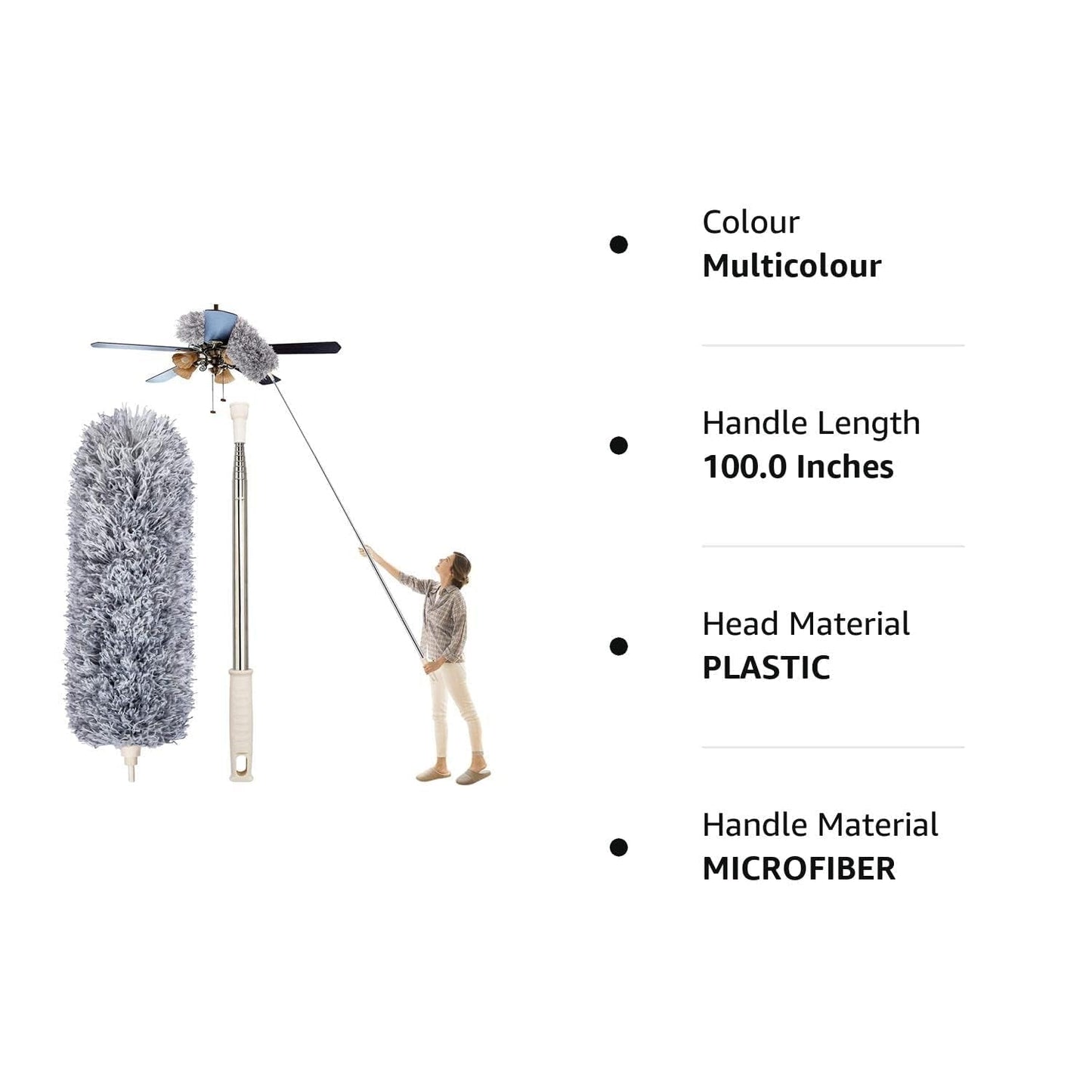 Microfiber Feather Duster Bendable & Extendable Fan Cleaning Duster with 100 inches Expandable Pole Handle Washable Duster for High Ceiling Fans,Window Blinds, Furniture (Standard)