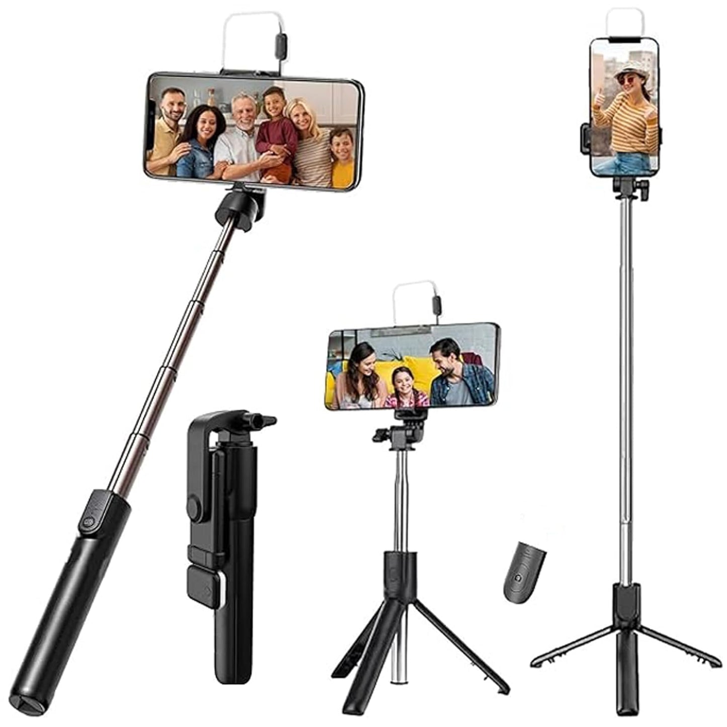 Selfie Stick with Tripod Stand, 3 in 1 Multifunctional Rechargable LED Light with Two Brighness Levels Selfie, Bluetooth Remote