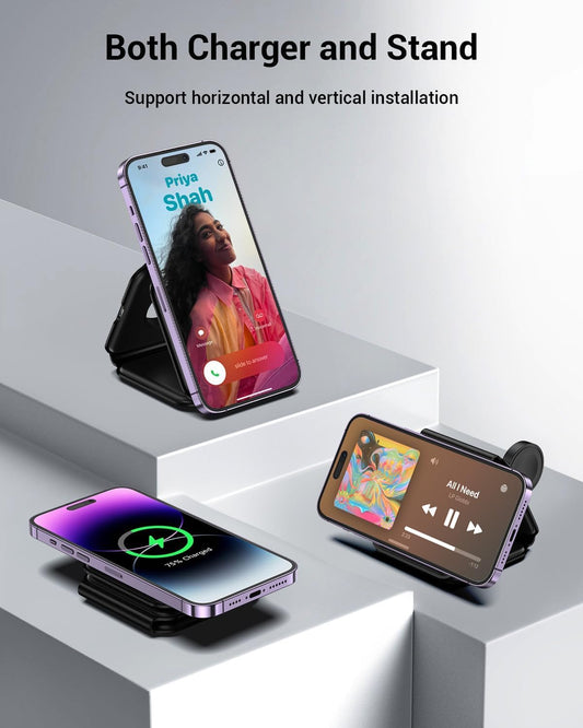 3 in 1 Wireless Charger for iPhone 16 to 8 Series, iWatch 10 to 3, Air-Pods [23W Fast Charging] [MagSafe Compatible] Foldable | Supports Dual Phone Charge (Black/white)