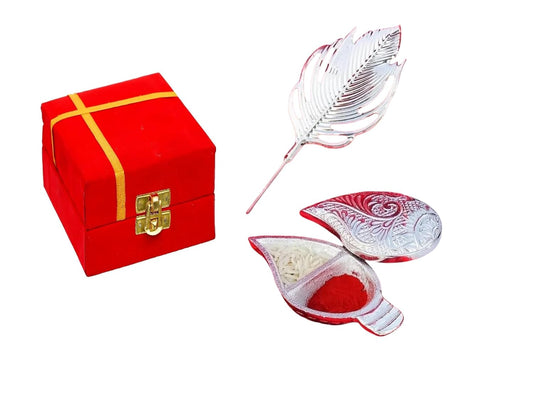 Silver-Plated Tilak Box | Kumkum Vaati with Morpankh Stick | (Size 4 INCH) (Pack of 2)