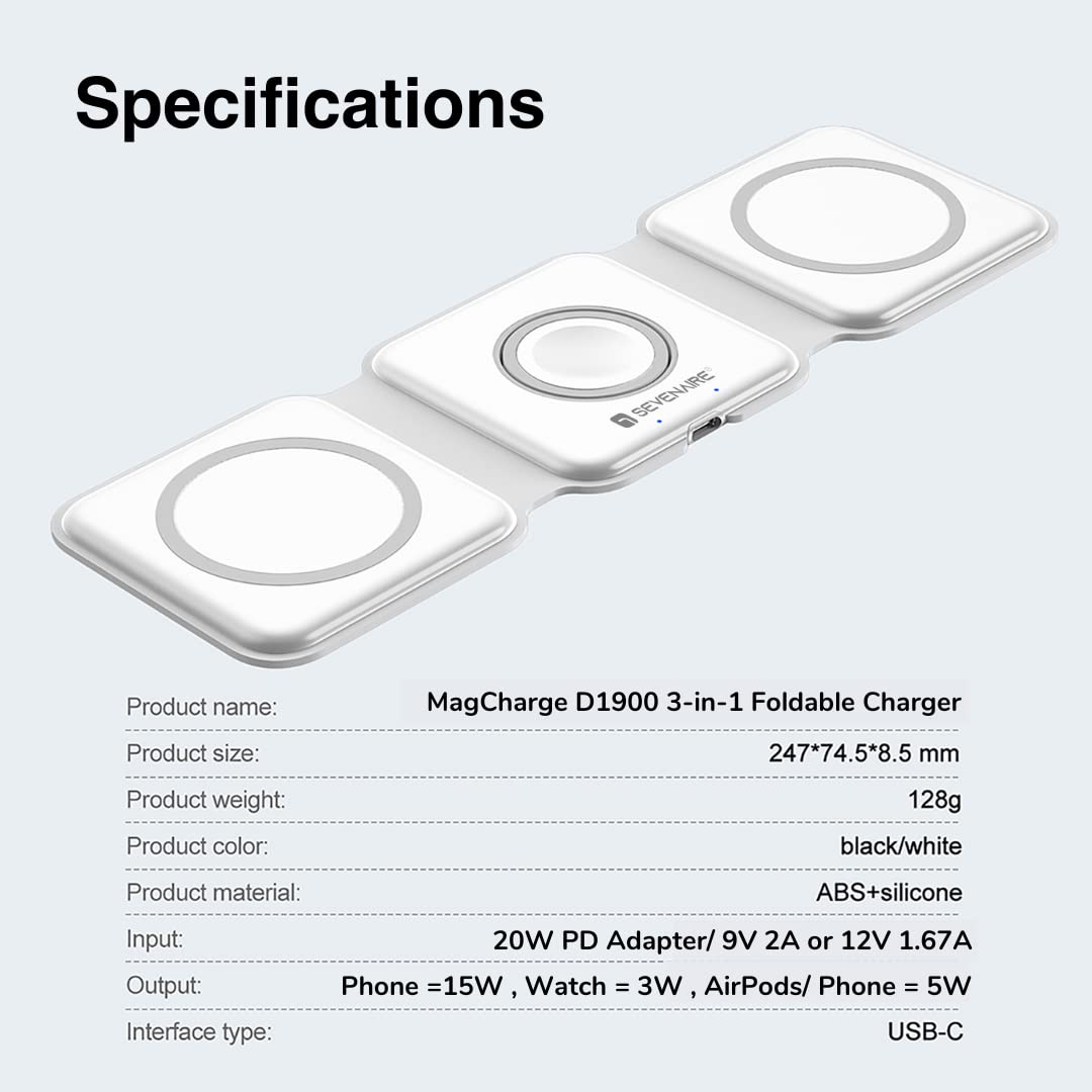 3 in 1 Wireless Charger for iPhone 16 to 8 Series, iWatch 10 to 3, Air-Pods [23W Fast Charging] [MagSafe Compatible] Foldable | Supports Dual Phone Charge (Black/white)