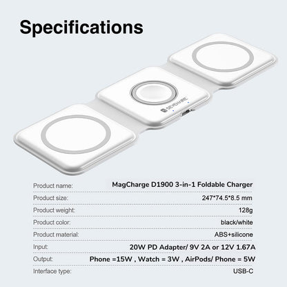 3 in 1 Wireless Charger for iPhone 16 to 8 Series, iWatch 10 to 3, Air-Pods [23W Fast Charging] [MagSafe Compatible] Foldable | Supports Dual Phone Charge (Black/white)