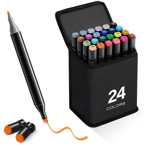 Dual Tip Colourful Art Markers Sketch Pens With Carrying Case For Painting Sketching Non Toxic (24 PC)