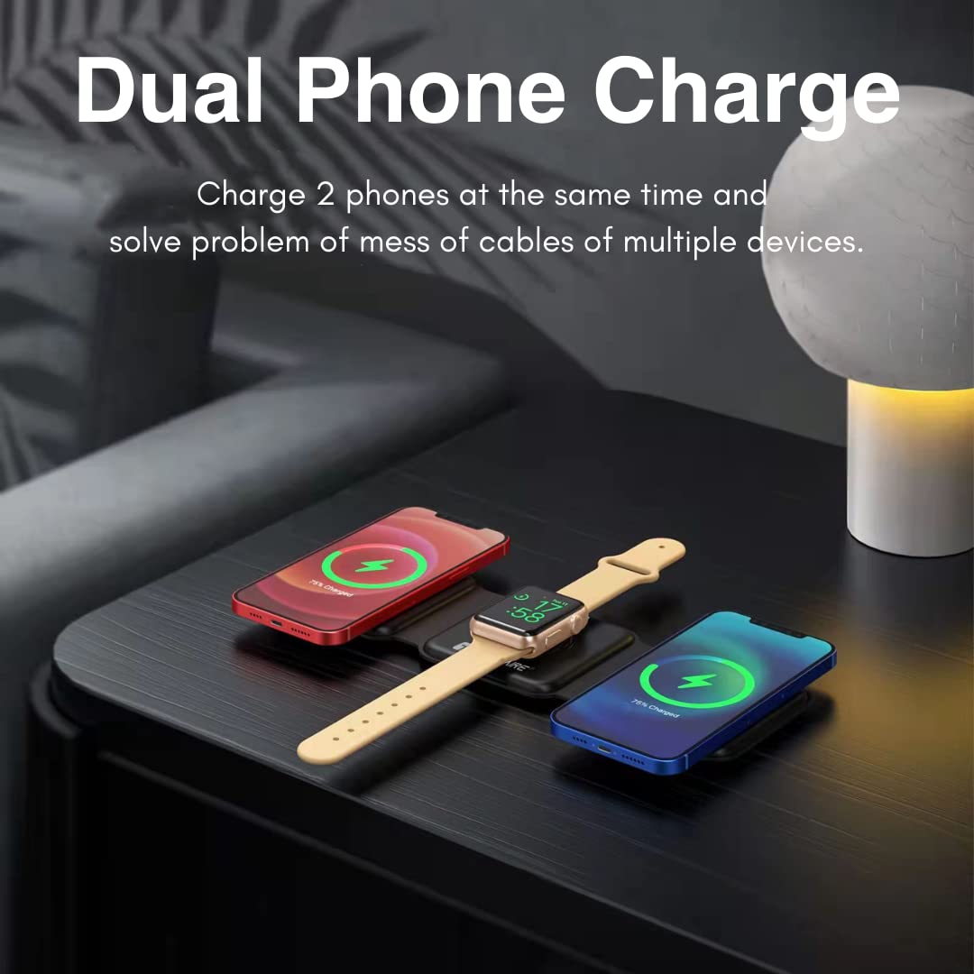 3 in 1 Wireless Charger for iPhone 16 to 8 Series, iWatch 10 to 3, Air-Pods [23W Fast Charging] [MagSafe Compatible] Foldable | Supports Dual Phone Charge (Black/white)