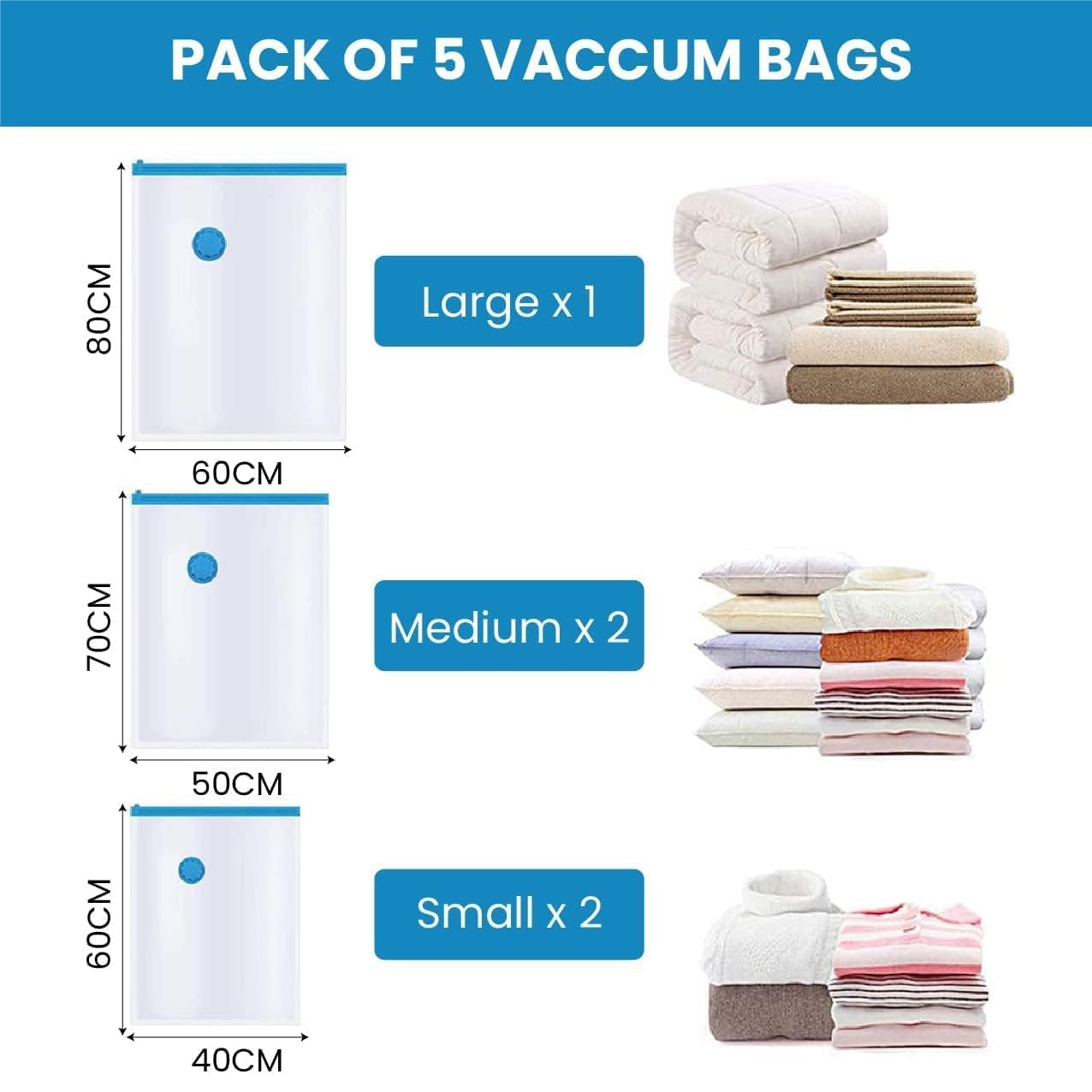 Vacuum Storage Bags for Packing |(2 Piece 50X70,2 Piece 60X80,1 Piece 80X100,1 Hand Pump) (5 Piece Set)