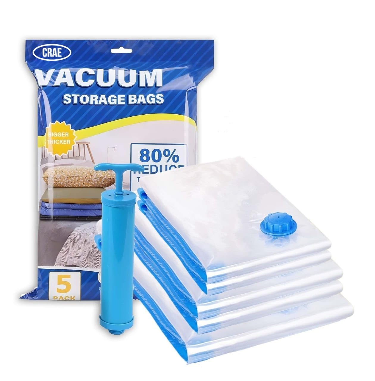 Vacuum Storage Bags for Packing |(2 Piece 50X70,2 Piece 60X80,1 Piece 80X100,1 Hand Pump) (5 Piece Set)