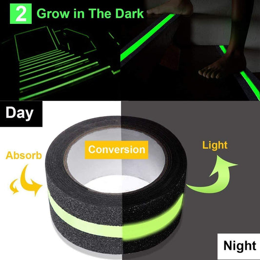Anti Slip Tape with Glow in Dark Stripe for Stairs, Grip Tape for Stairs, Waterproof Non Slip Strips for Stair Treads, High Traction, Easy Install, 2 InchX16.4 Foot, Green
