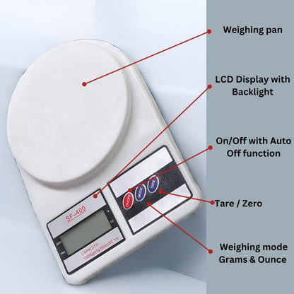 Digital Kitchen Food Scale 10kg Capacity Electronic Weighing Machine with LCD Display Multipurpose Use (Model-SF400)