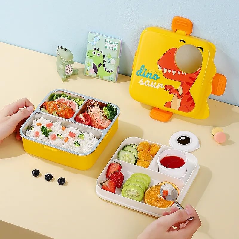 Dino Theme Stainless Steel Bento Lunch Box for School, 3-Compartment, Sauce Jar & a Spoon, Leak-Proof with Seal-Ring Design & Multiple Lock-Design Tiffin, Air-Tight BPA Free 1120ml+70ml