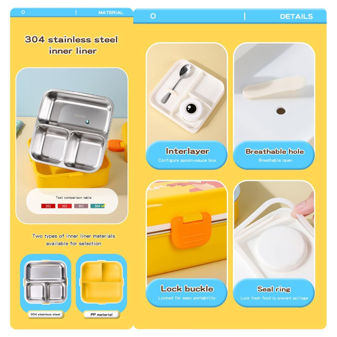 Dino Theme Stainless Steel Bento Lunch Box for School, 3-Compartment, Sauce Jar & a Spoon, Leak-Proof with Seal-Ring Design & Multiple Lock-Design Tiffin, Air-Tight BPA Free 1120ml+70ml