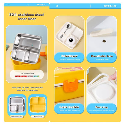 Dino Theme Stainless Steel Bento Lunch Box for School, 3-Compartment, Sauce Jar & a Spoon, Leak-Proof with Seal-Ring Design & Multiple Lock-Design Tiffin, Air-Tight BPA Free 1120ml+70ml