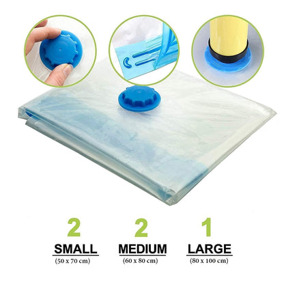 Vacuum Storage Bags for Packing |(2 Piece 50X70,2 Piece 60X80,1 Piece 80X100,1 Hand Pump) (5 Piece Set)