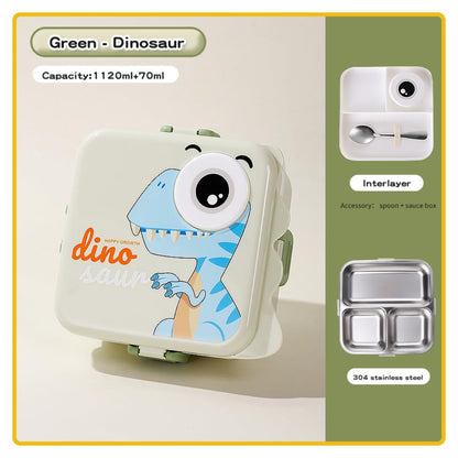 Dino Theme Stainless Steel Bento Lunch Box for School, 3-Compartment, Sauce Jar & a Spoon, Leak-Proof with Seal-Ring Design & Multiple Lock-Design Tiffin, Air-Tight BPA Free 1120ml+70ml