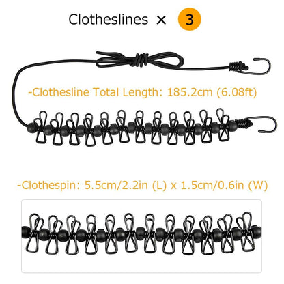 Cloth Drying Rope with Two Sided Hooks, Elastic 12 Clips