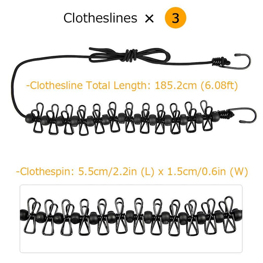 Cloth Drying Rope with Two Sided Hooks, Elastic 12 Clips
