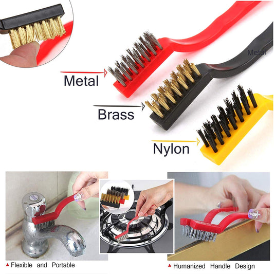 Gas Cleaning brush Set of 3 Multipurpose Cleaning Brush with Hard Bristles for Scrubbing Removing Rust from Gas Wall Frames Car Kitchen Stove Kitchen Tool (Stainless Steel Brush + Brass Brush + Nylon Brush)