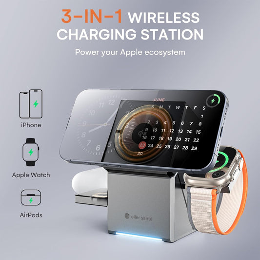 3in1 Wireless Charger with Auto Rotation 23W Magnetic Mag-Safe for iPhone 16/16 Plus/16 Pro/Max, 15/14/13/12, Airpods & iWatch Series 10/9/8/7/6/5/4/3/2/1/Ultra 2/SE 2/SE