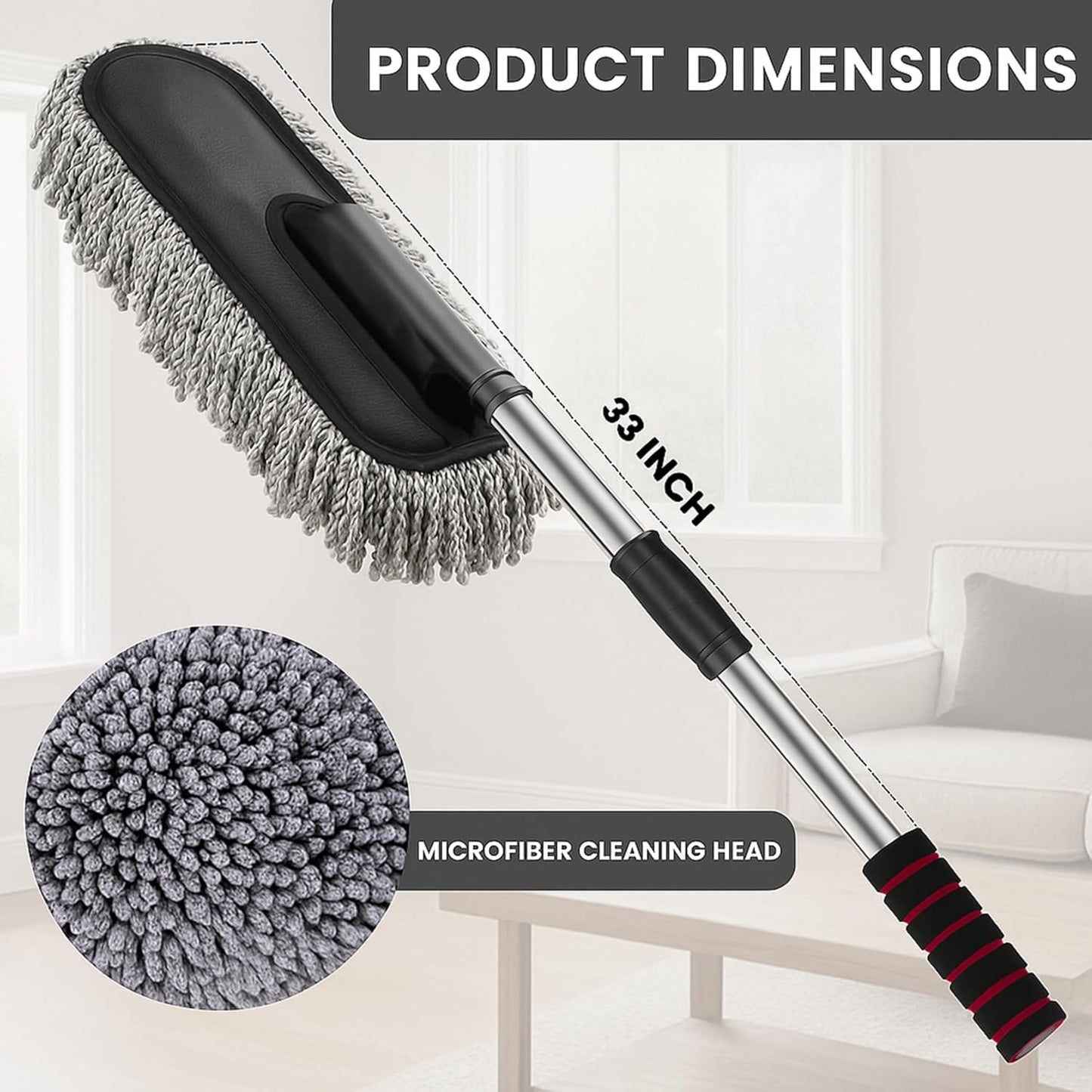 Car Dust Cleaner with Extendable Handle | Microfiber Cleaning Brush for Car, Truck, SUV | Lint-Free, Scratch-Free Auto Duster for Interior & Exterior – Washable & Reusable - Grey (Car Duster)