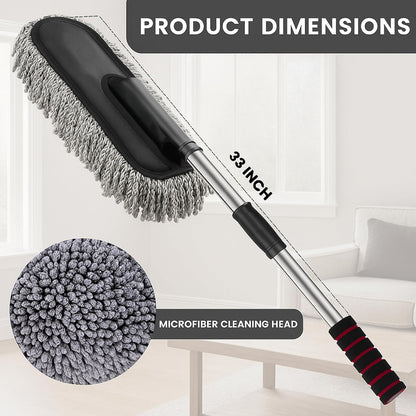 Car Dust Cleaner with Extendable Handle | Microfiber Cleaning Brush for Car, Truck, SUV | Lint-Free, Scratch-Free Auto Duster for Interior & Exterior – Washable & Reusable - Grey (Car Duster)