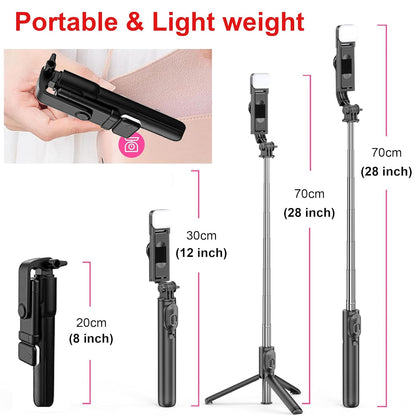 Selfie Stick with Tripod Stand, 3 in 1 Multifunctional Rechargable LED Light with Two Brighness Levels Selfie, Bluetooth Remote