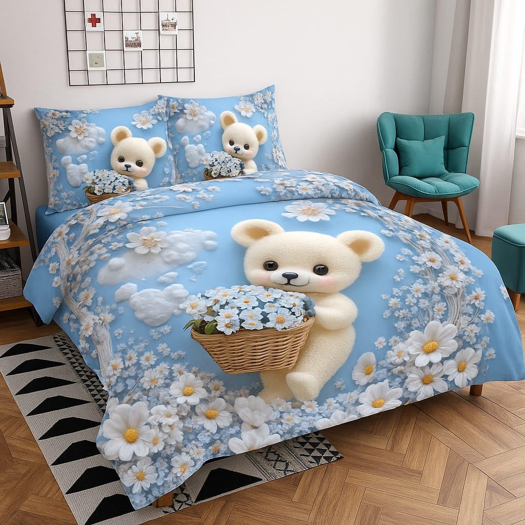 7D Digital Glace Cotton King Size Printed Flat Double Bedsheet, 108 X 108 Inch and 2 Pillow Cover Without Joint (Multicolor)