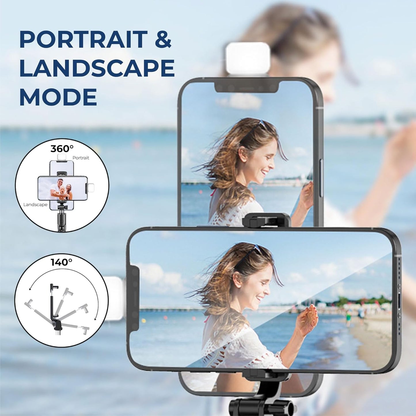 Selfie Stick with Tripod Stand, 3 in 1 Multifunctional Rechargable LED Light with Two Brighness Levels Selfie, Bluetooth Remote