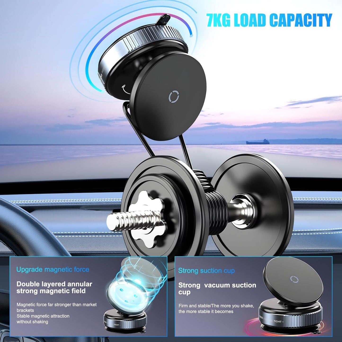 Magnetic Car Phone Mount, Hands-Free Suction Cup Phones Holder for Car/Gym/Mirror/Shower, Car Mount Compatible with All Mobile