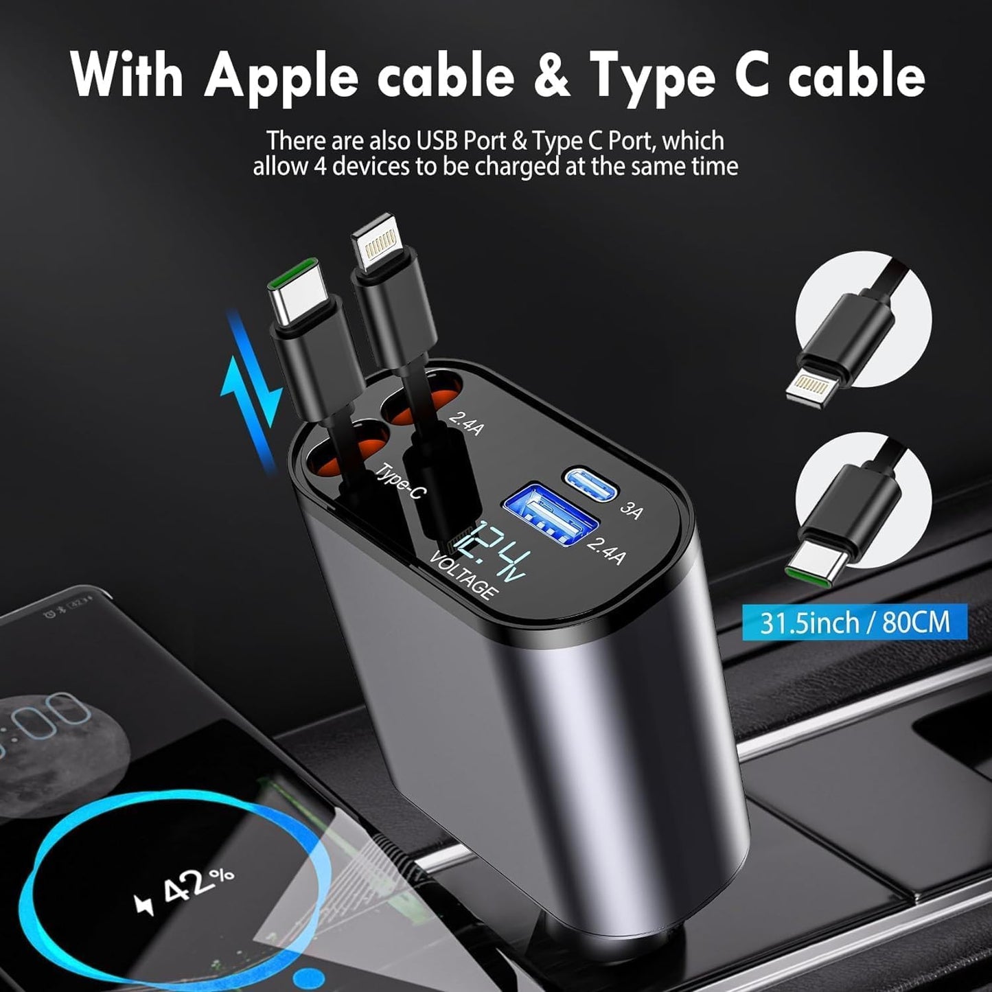 120W 4 in 1 Retractable Car Charger,Super Fast Charge Car Phone Charger,Retractable Cables & 2 USB Ports Car Adapter for Android Phones & iPhone (Grey)