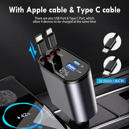 120W 4 in 1 Retractable Car Charger,Super Fast Charge Car Phone Charger,Retractable Cables & 2 USB Ports Car Adapter for Android Phones & iPhone (Grey)