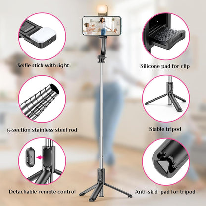 Selfie Stick with Tripod Stand, 3 in 1 Multifunctional Rechargable LED Light with Two Brighness Levels Selfie, Bluetooth Remote