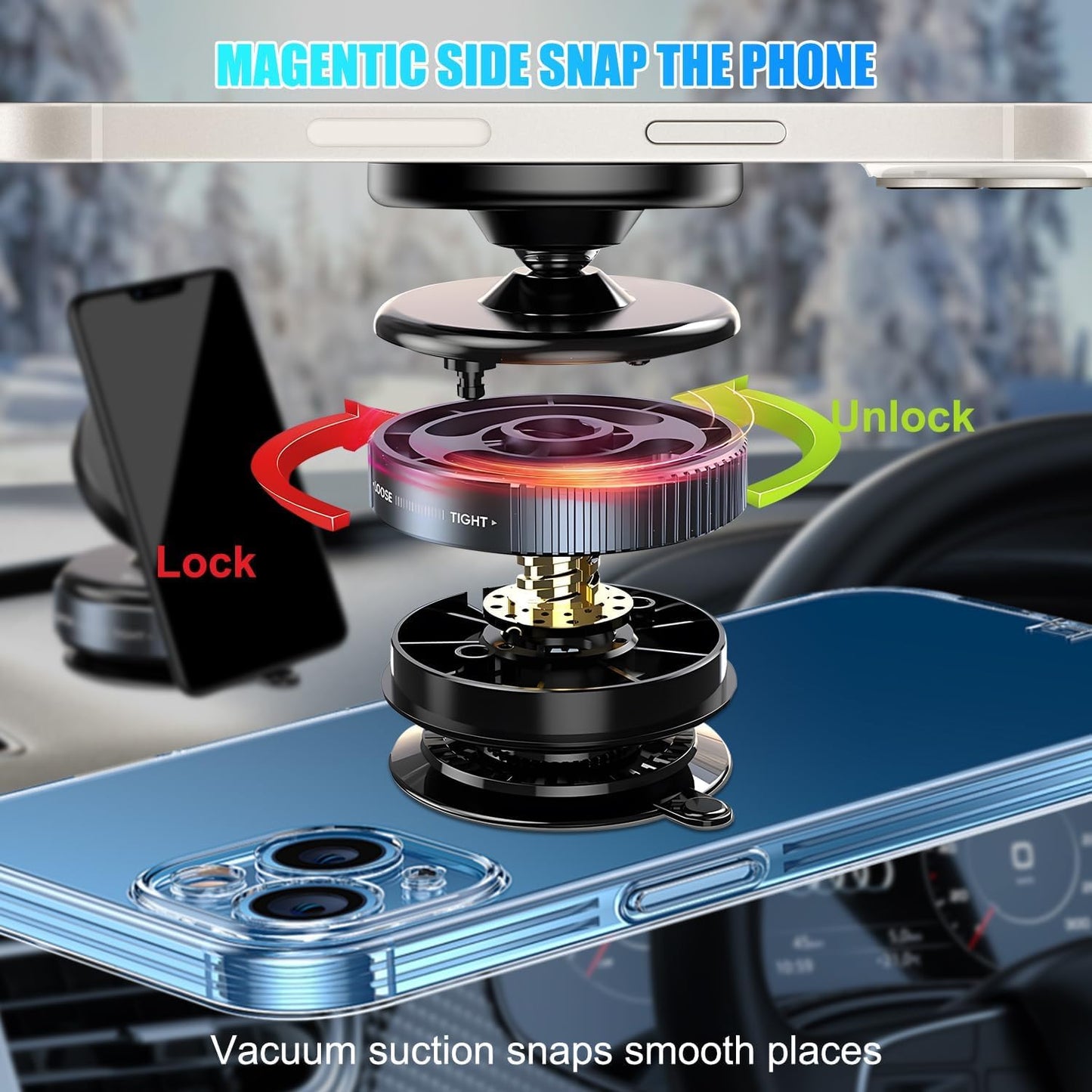 Magnetic Car Phone Mount, Hands-Free Suction Cup Phones Holder for Car/Gym/Mirror/Shower, Car Mount Compatible with All Mobile