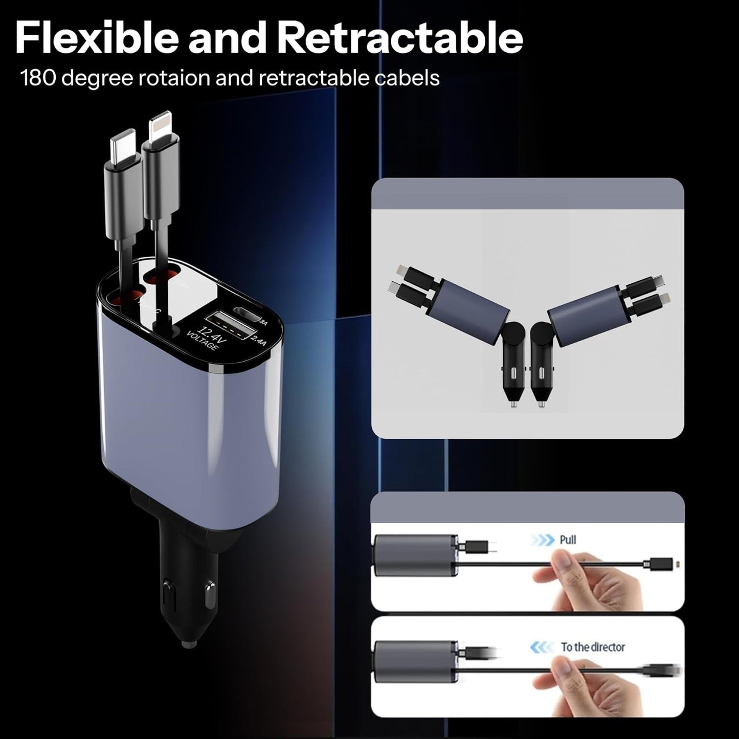 120W 4 in 1 Retractable Car Charger,Super Fast Charge Car Phone Charger,Retractable Cables & 2 USB Ports Car Adapter for Android Phones & iPhone (Grey)