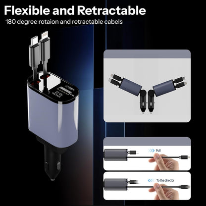 120W 4 in 1 Retractable Car Charger,Super Fast Charge Car Phone Charger,Retractable Cables & 2 USB Ports Car Adapter for Android Phones & iPhone (Grey)