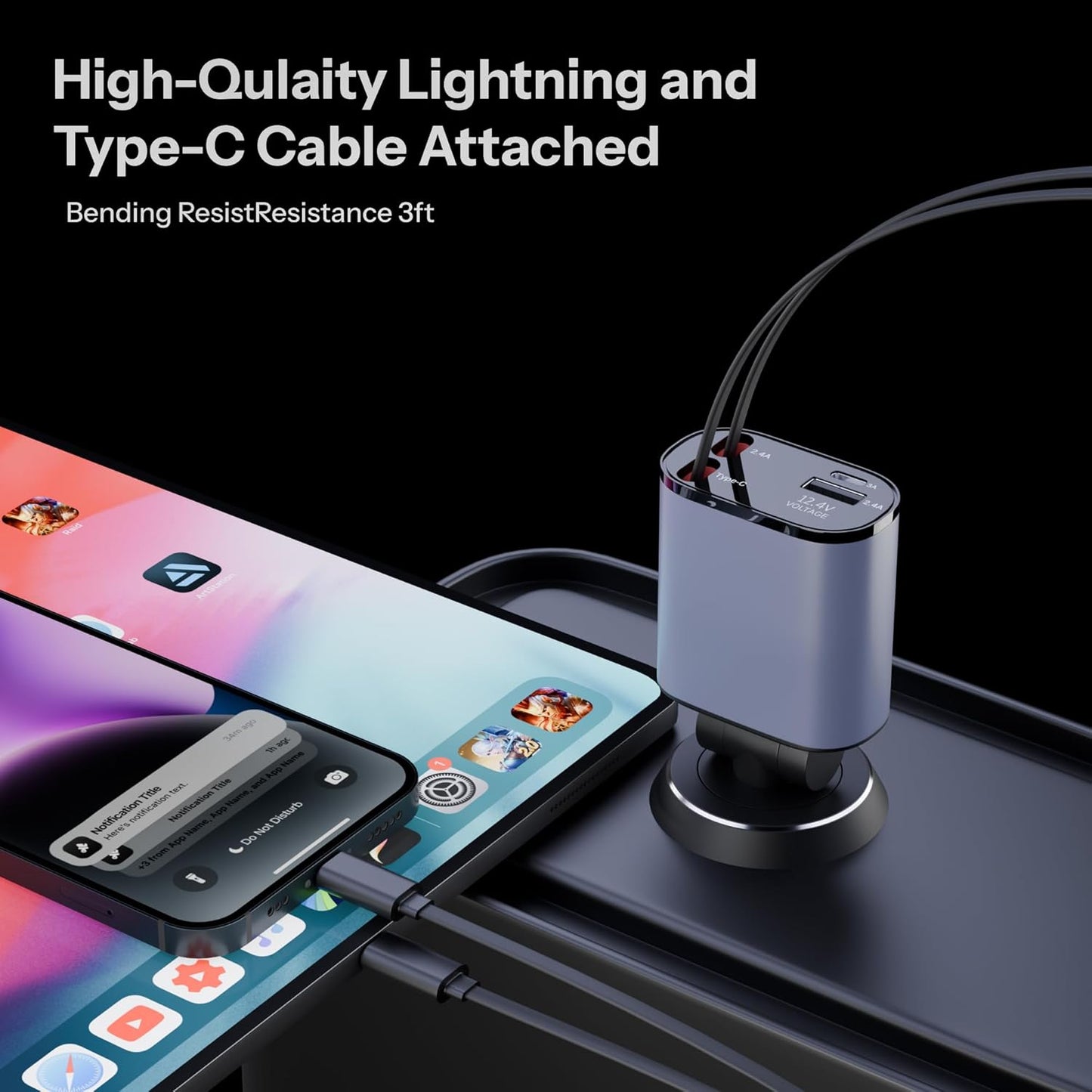 120W 4 in 1 Retractable Car Charger,Super Fast Charge Car Phone Charger,Retractable Cables & 2 USB Ports Car Adapter for Android Phones & iPhone (Grey)