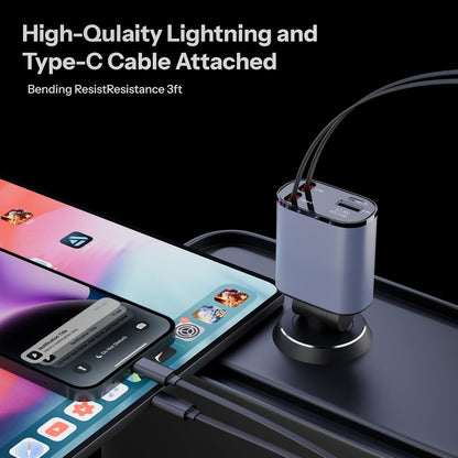 120W 4 in 1 Retractable Car Charger,Super Fast Charge Car Phone Charger,Retractable Cables & 2 USB Ports Car Adapter for Android Phones & iPhone (Grey)