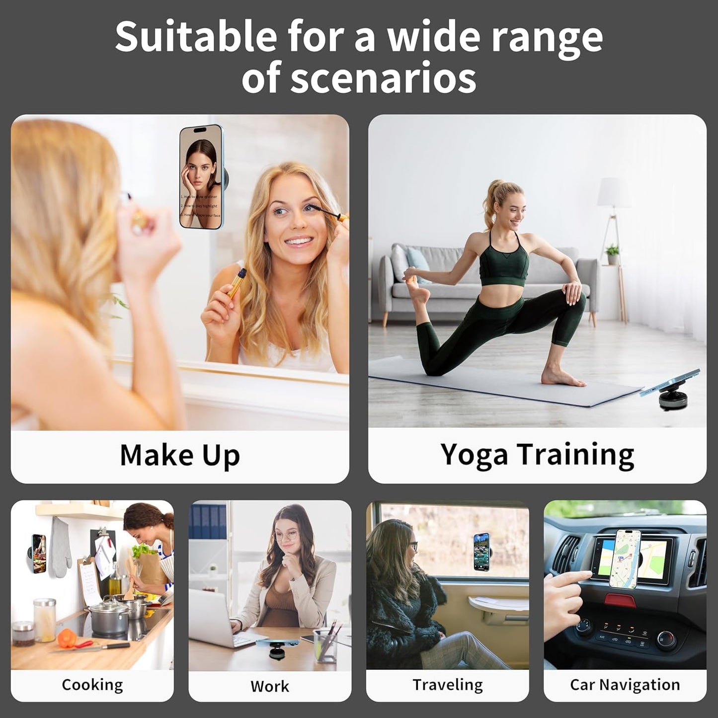 Magnetic Car Phone Mount, Hands-Free Suction Cup Phones Holder for Car/Gym/Mirror/Shower, Car Mount Compatible with All Mobile