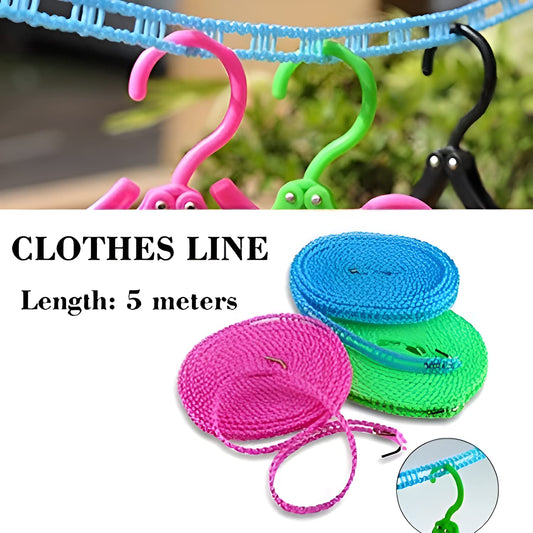 5 Meters Windproof Anti-Slip Clothe Nylon Rope with Hooks - (Multicolor)