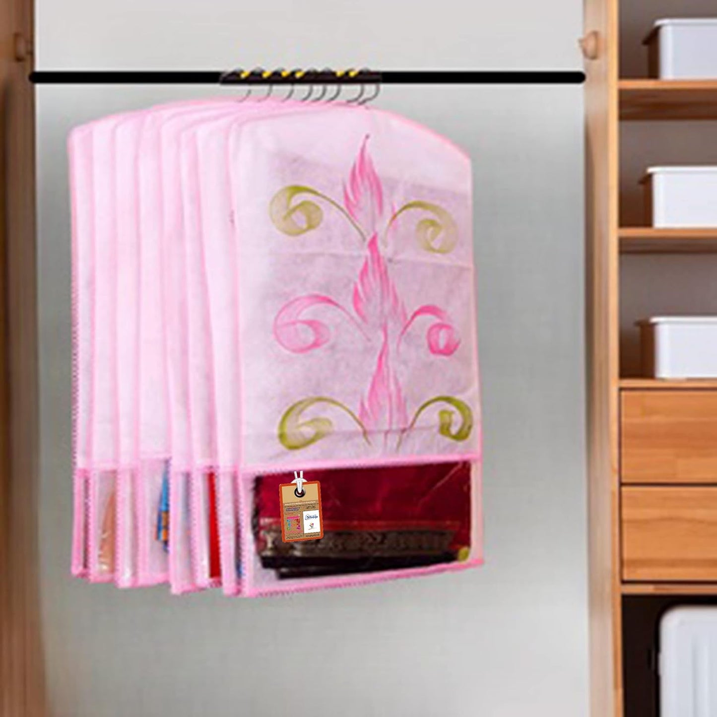 Fabric Printed Hanging Saree Cover Wardrobe Organizer (Pack of 12)